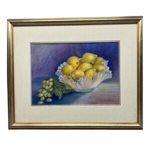 Joan Haynes Framed Still Life Pastel Painting Of Lemons & Grapes Glass Bowl READ